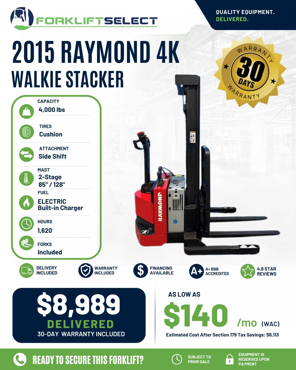 2015 Raymond 4K Cushion Tire Forklift - 123Forklift