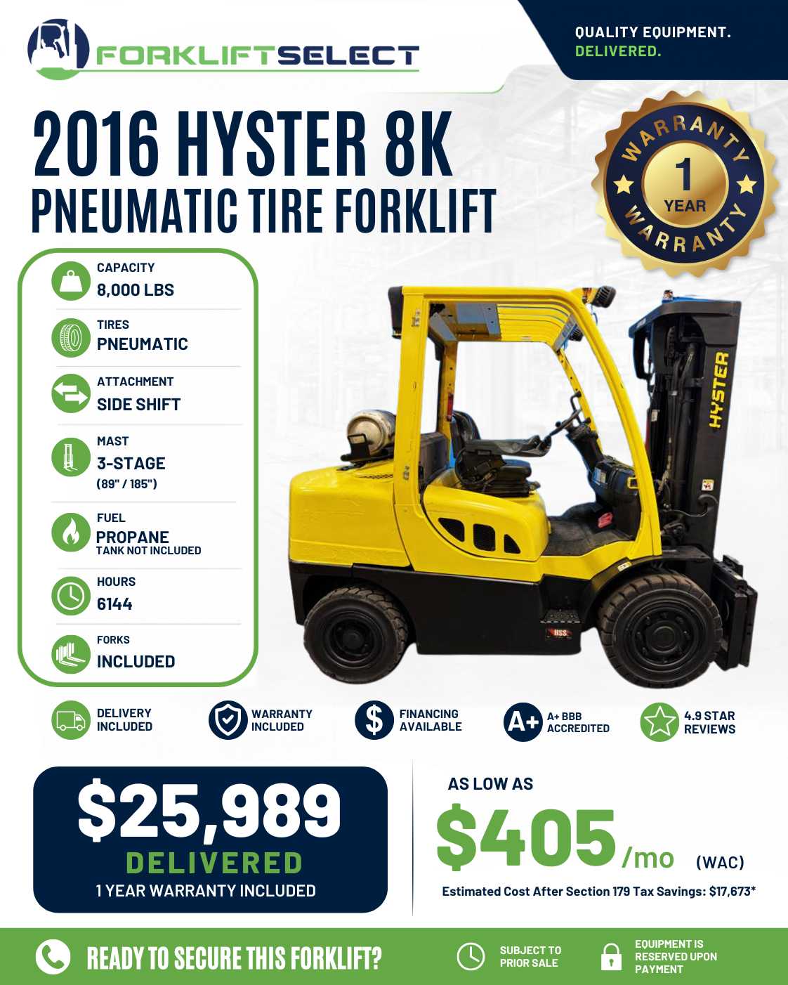 2016 Hyster 8K Pneumatic Tire Forklift - 123Forklift