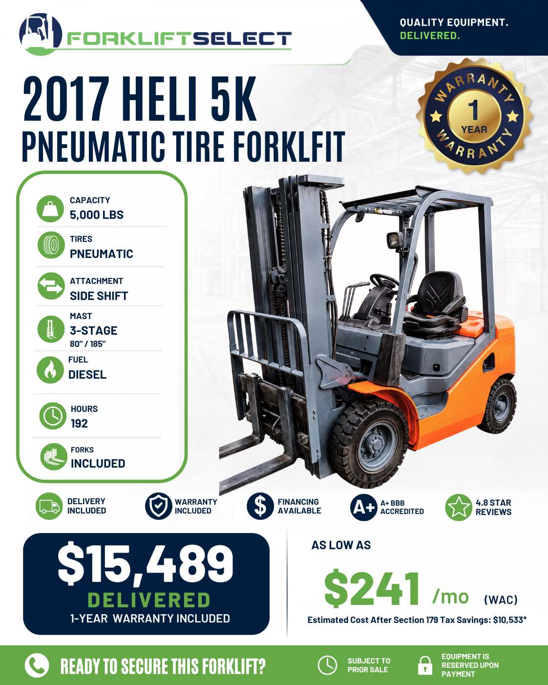 2017 Heli 5K Pneumatic Tire Forklift - 123Forklift