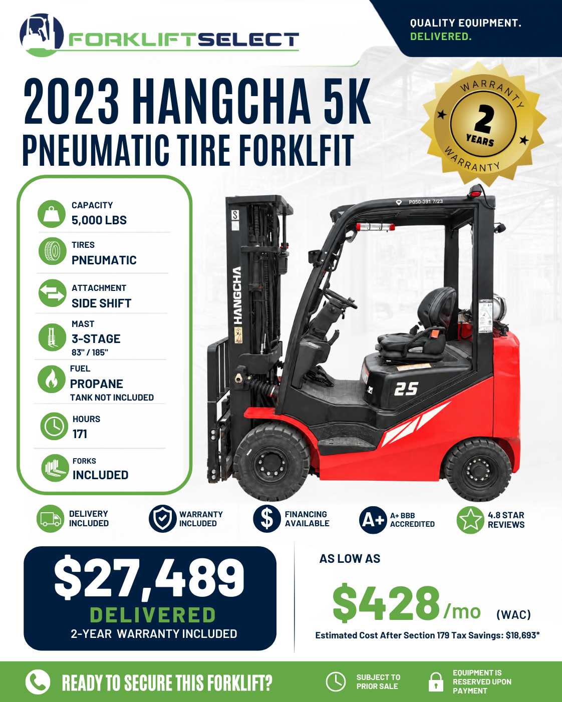 2023 Hangcha 5K Pneumatic Tire Forklift - 123Forklift