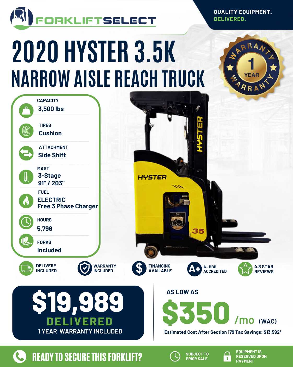 2020 Hyster 3.5K Cushion Tire Forklift - 123Forklift