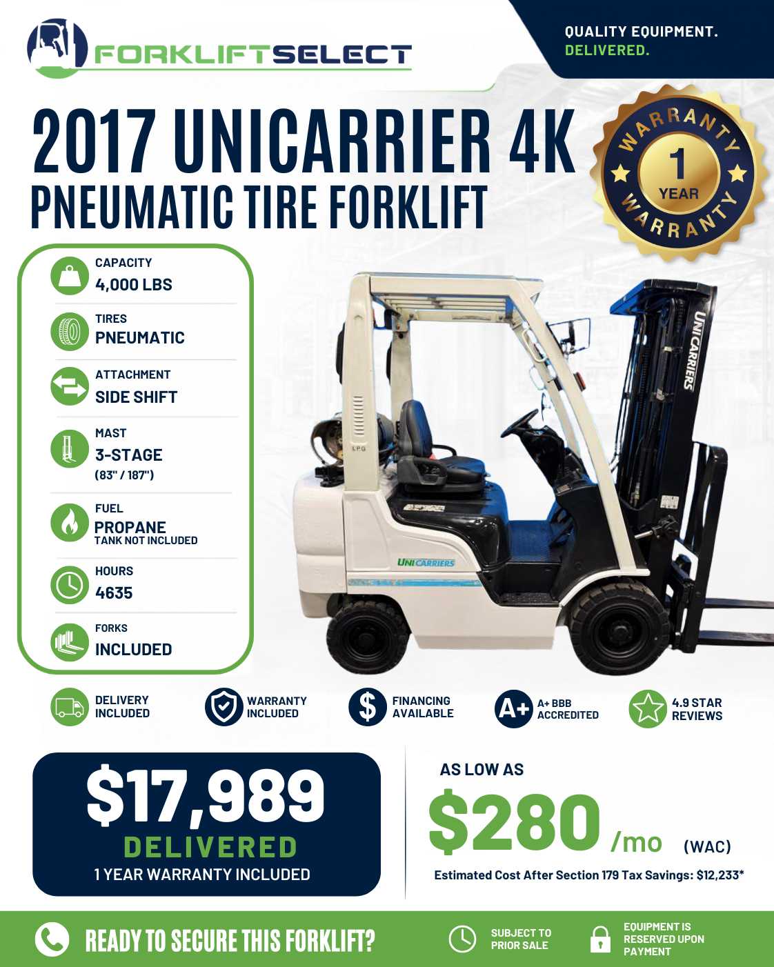 2017 UniCarrier 4K Pneumatic Tire Forklift - 123Forklift
