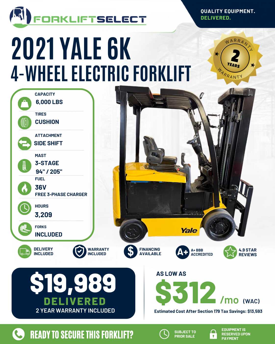 2021 Yale 6K Cushion Tire Forklift - 123Forklift