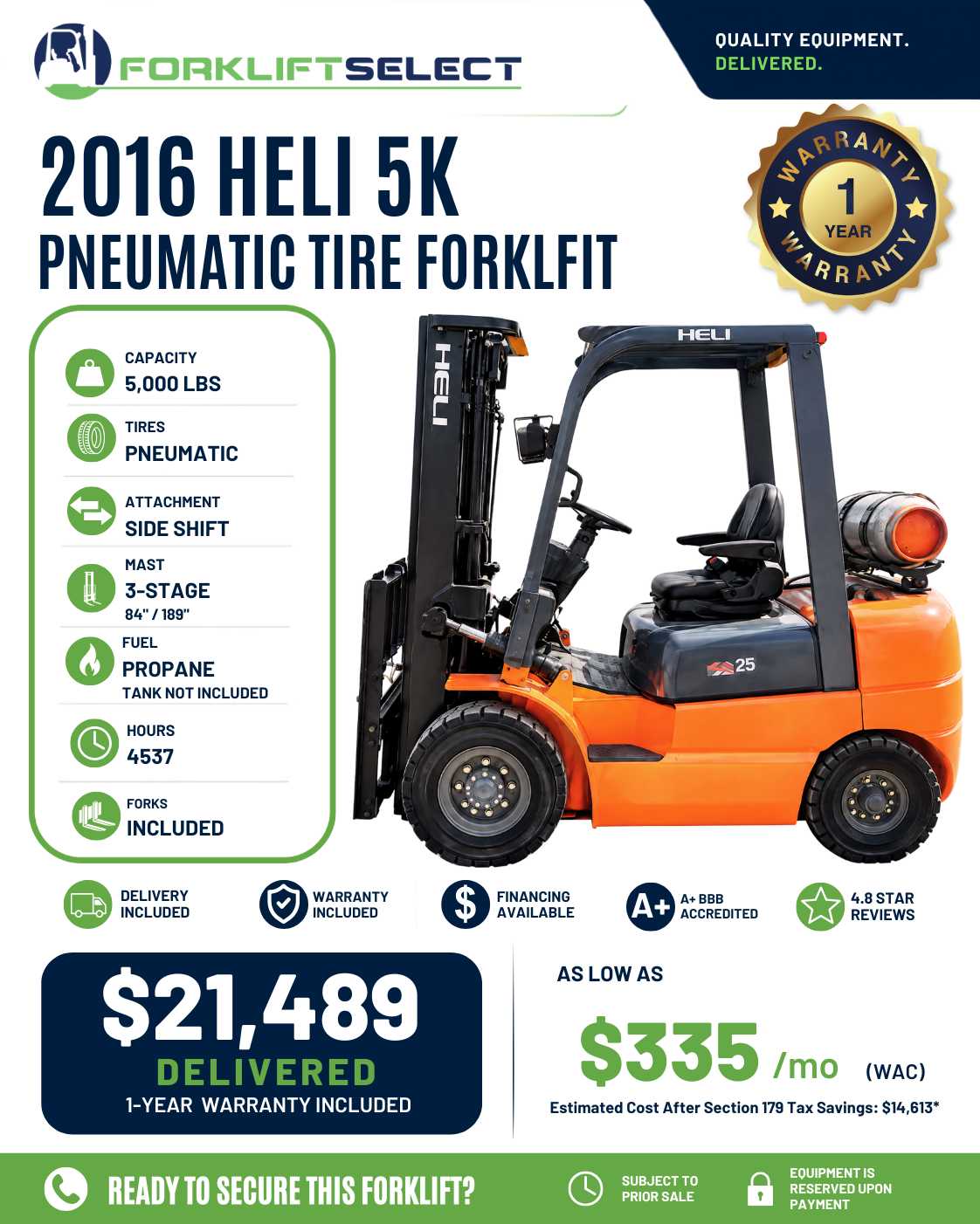 2016 Heli 5K Pneumatic Tire Forklift - 123Forklift