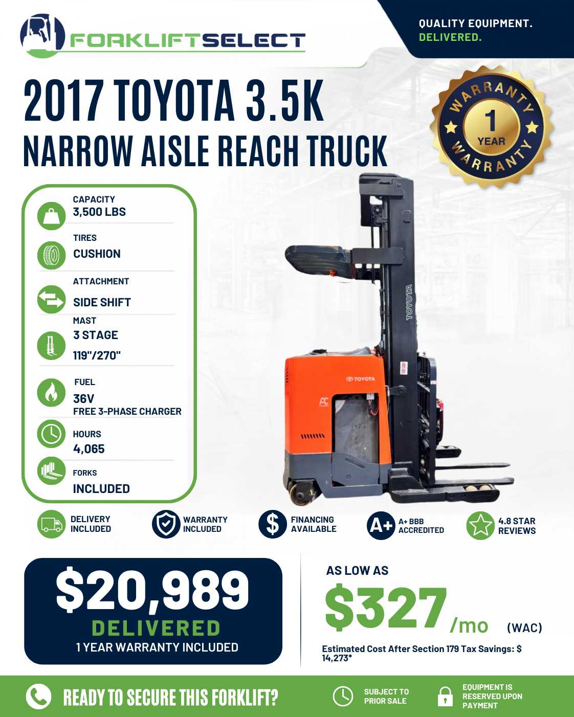 2017 Toyota 3.5K Cushion Tire Forklift - 123Forklift