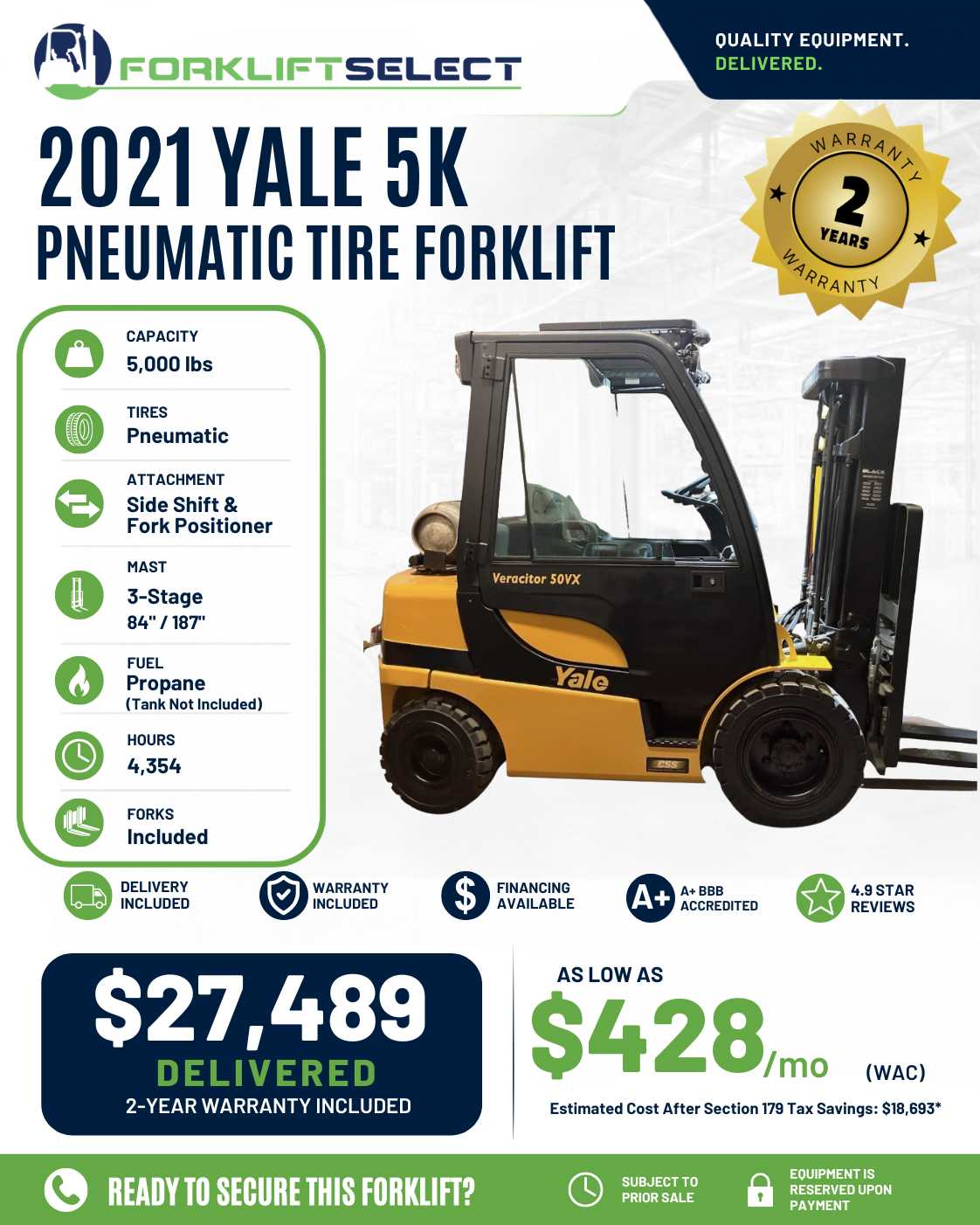 2021 Yale 5K Pneumatic Tire Forklift - 123Forklift