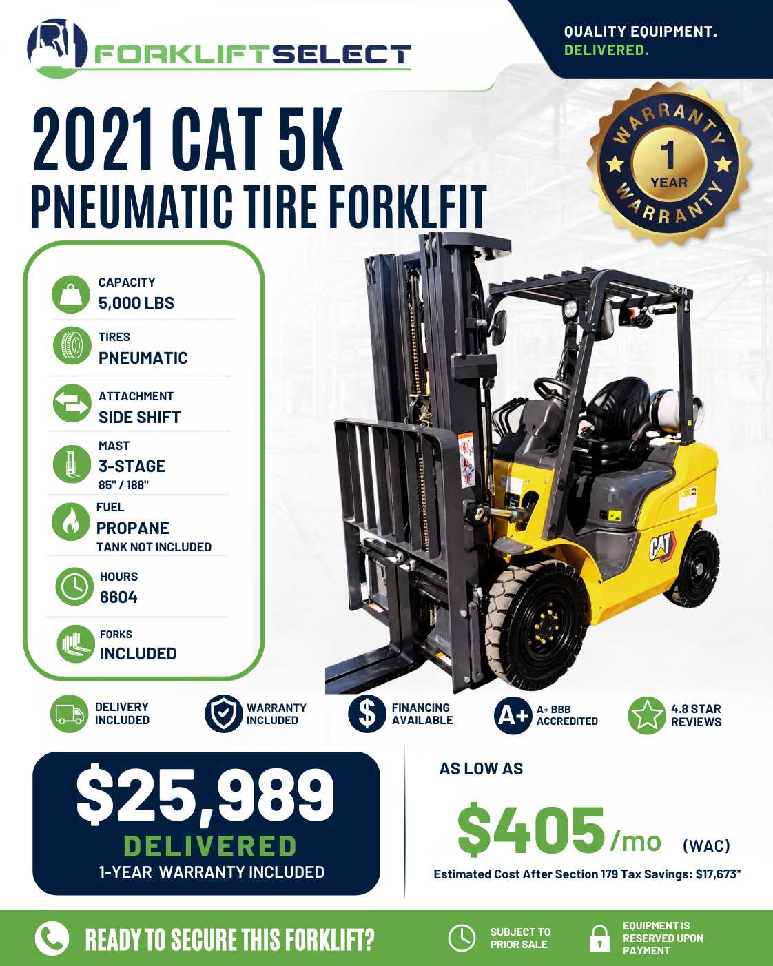 2021 CAT 5K Pneumatic Tire Forklift - 123Forklift