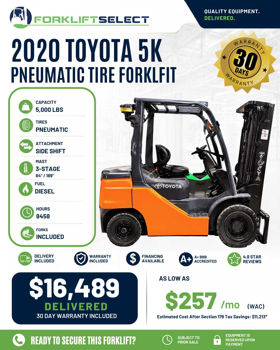 2020 Toyota 5K Pneumatic Tire Forklift
