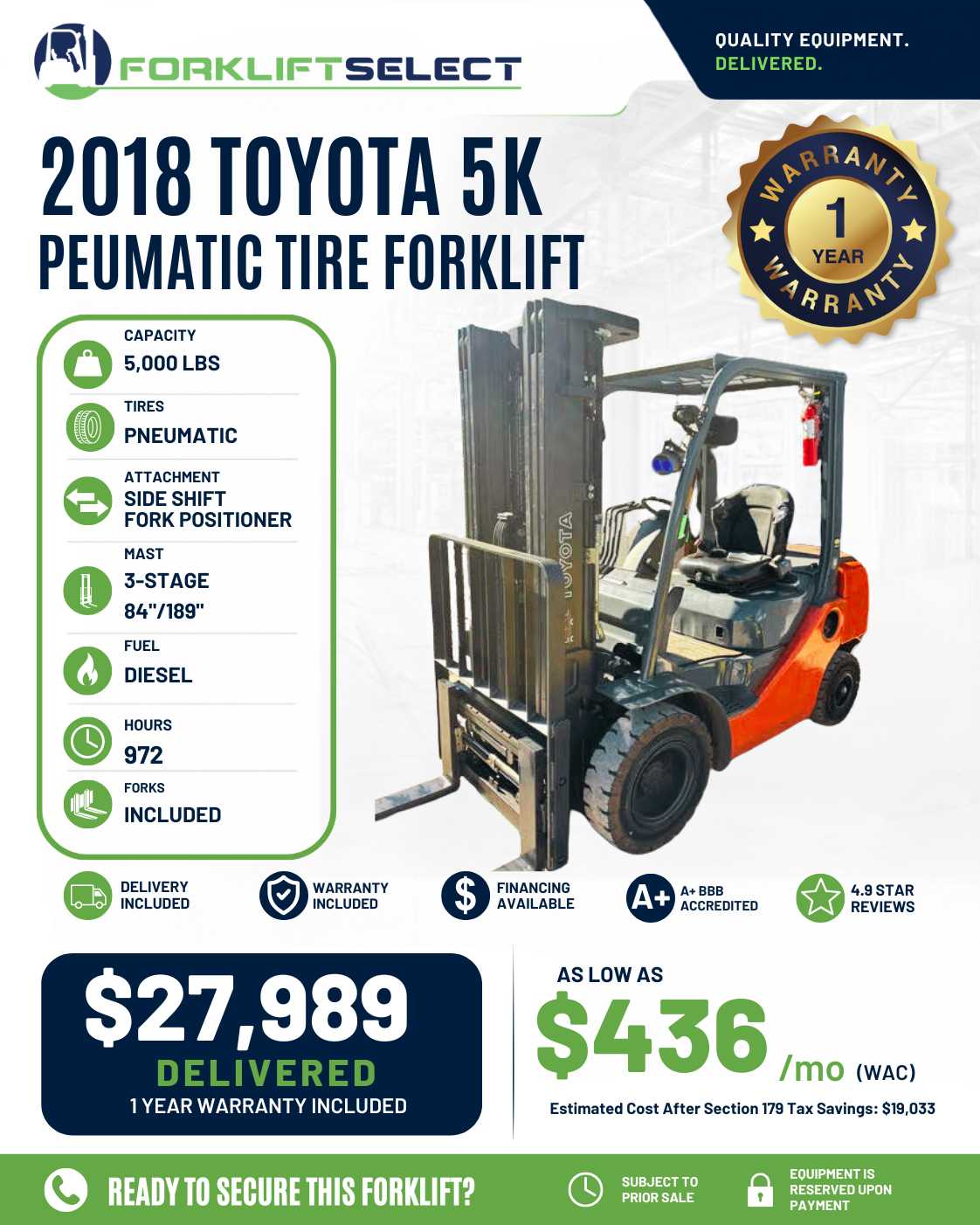 2018 Toyota 5K Pneumatic Tire Forklift - 123Forklift