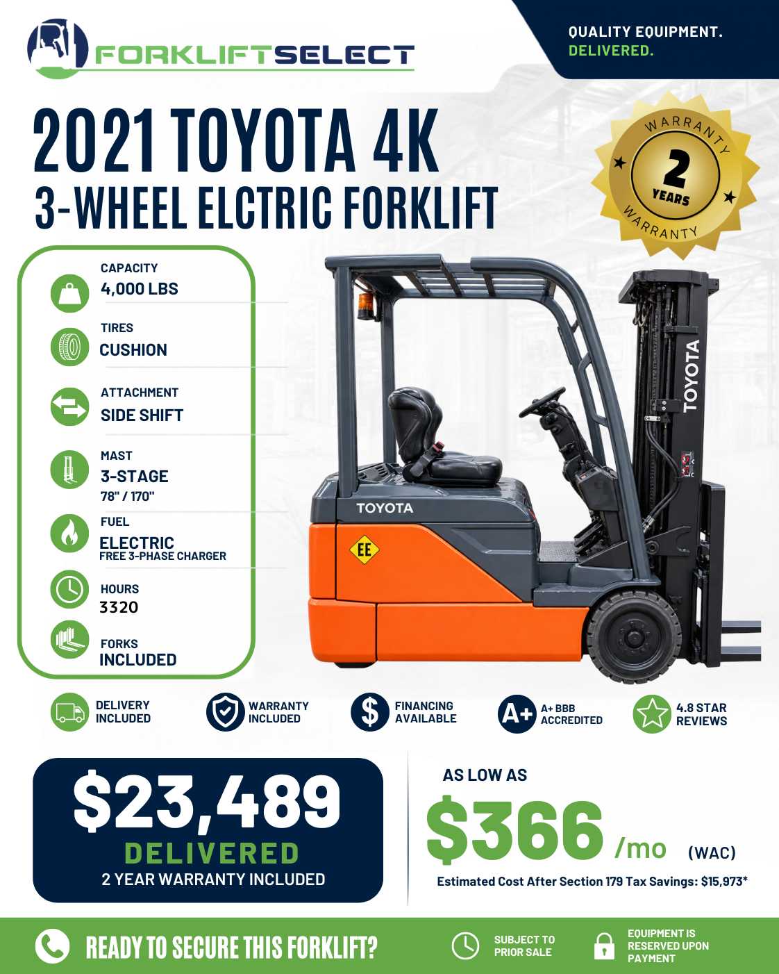 2021 Toyota 4K Cushion Tire Forklif...