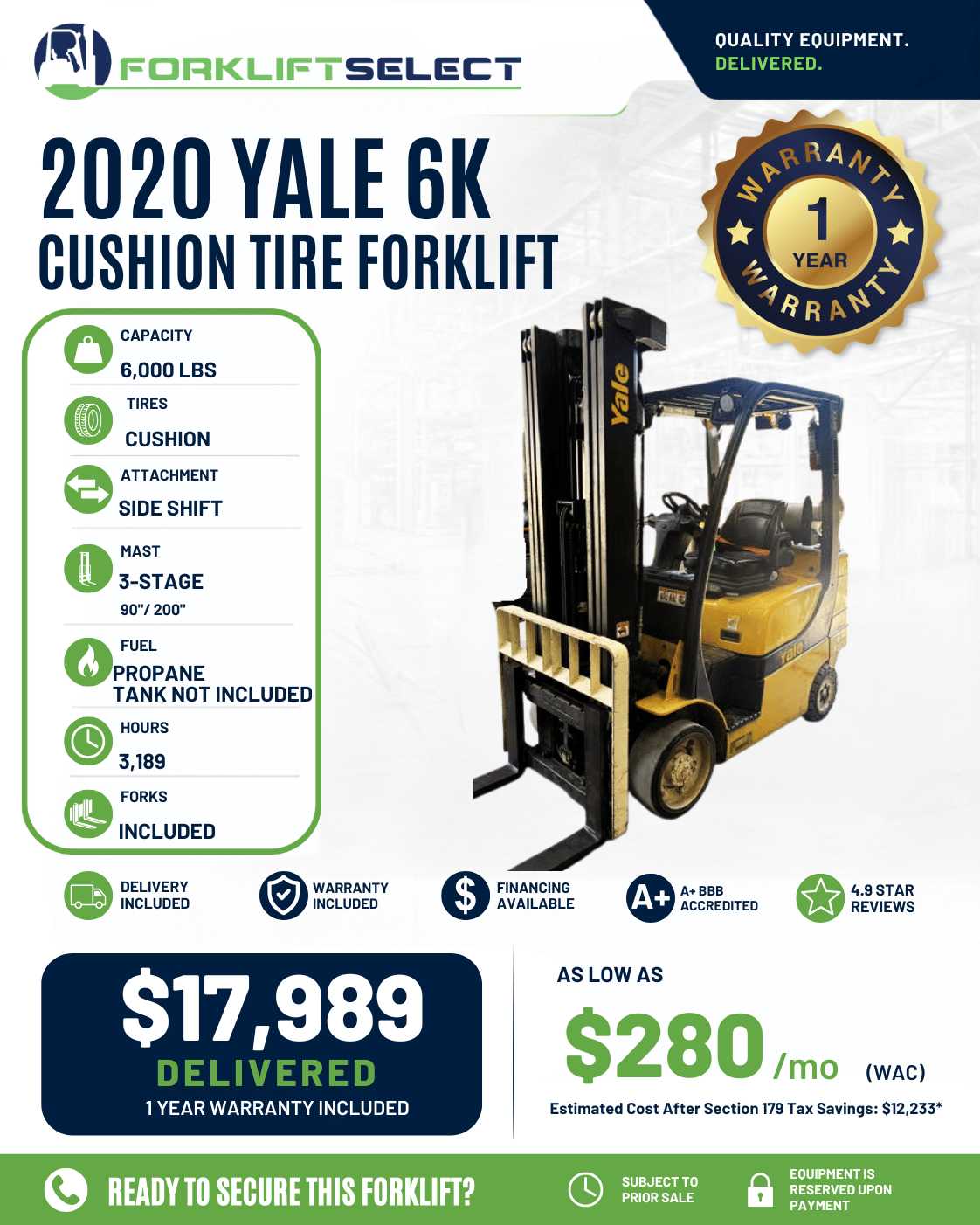 2020 Yale 6K Cushion Tire Forklift