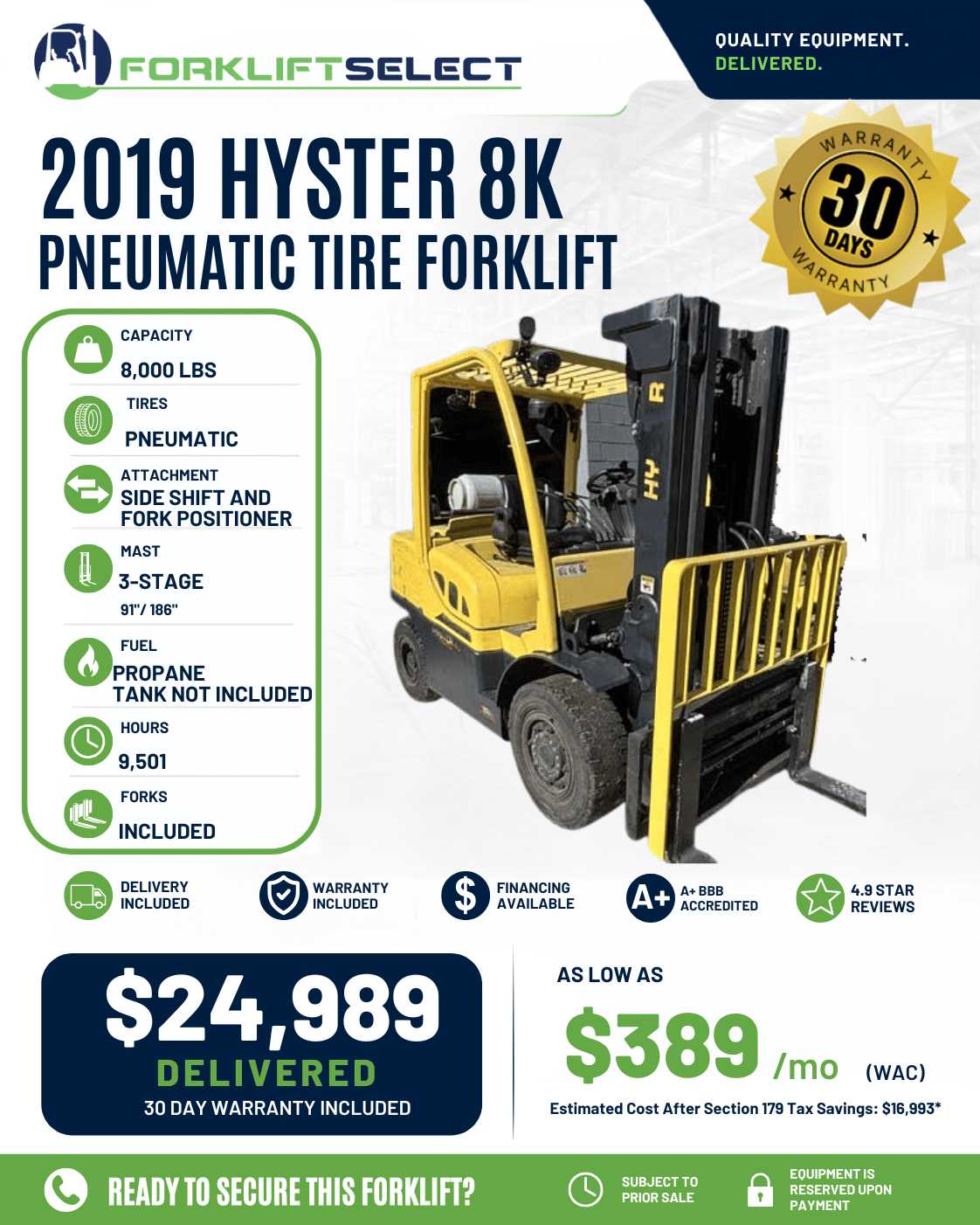 2019 Hyster 8K Pneumatic Tire Forklift