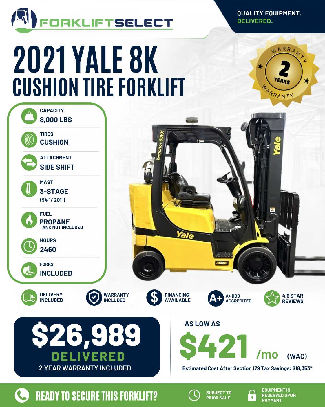 2021 Yale 8K Cushion Tire Forklift