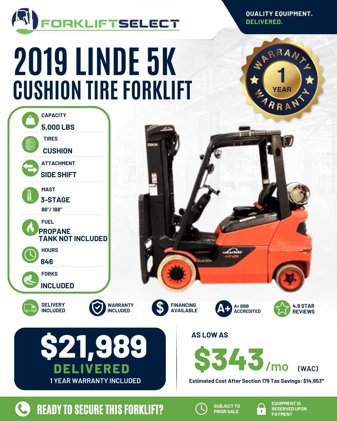 2019 Linde 5K Cushion Tire Forklift