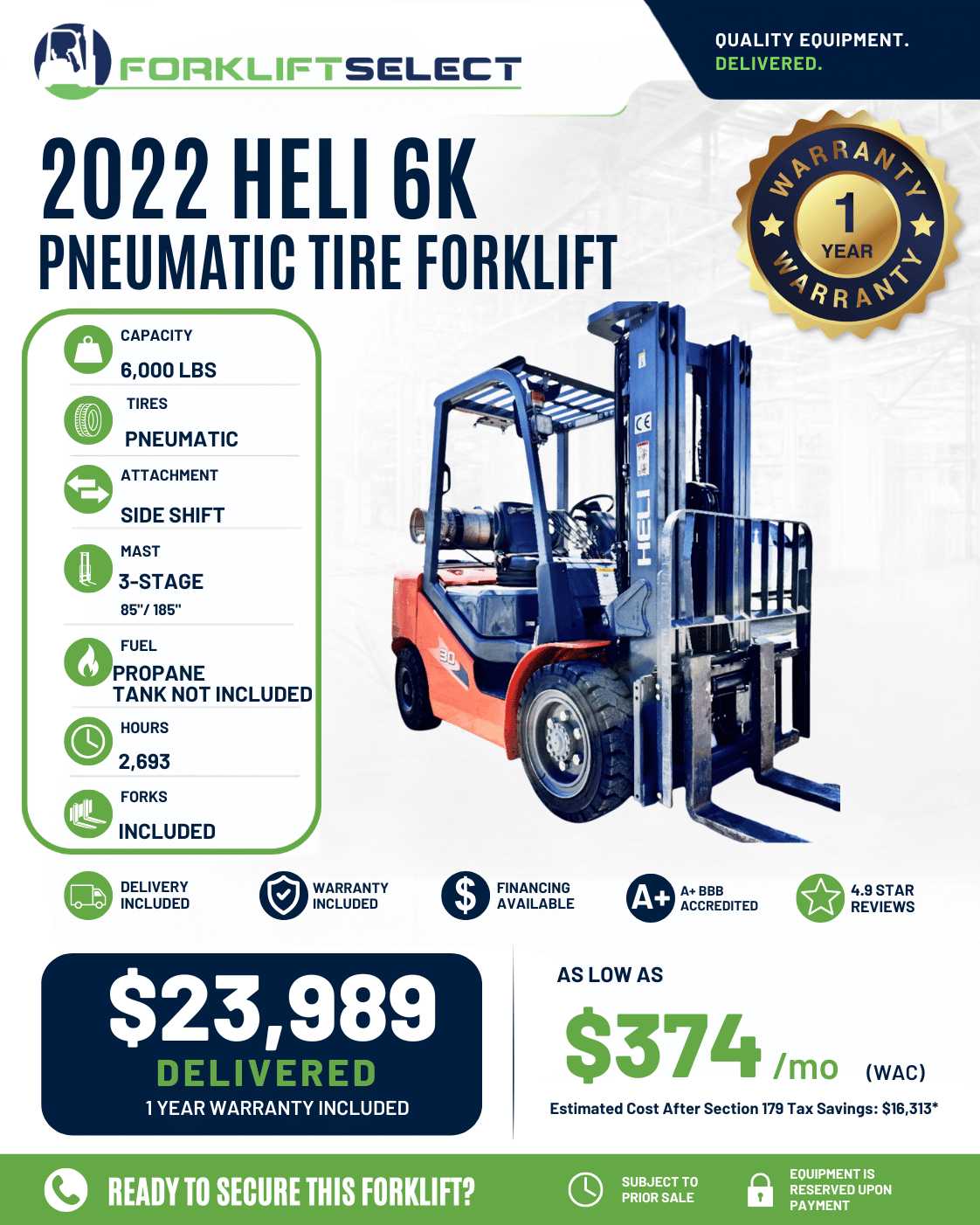 2022 Heli 6K Pneumatic Tire Forklift