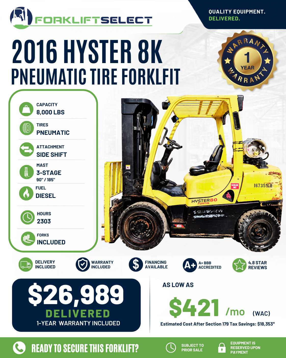 2016 Hyster 8K Pneumatic Tire Forklift