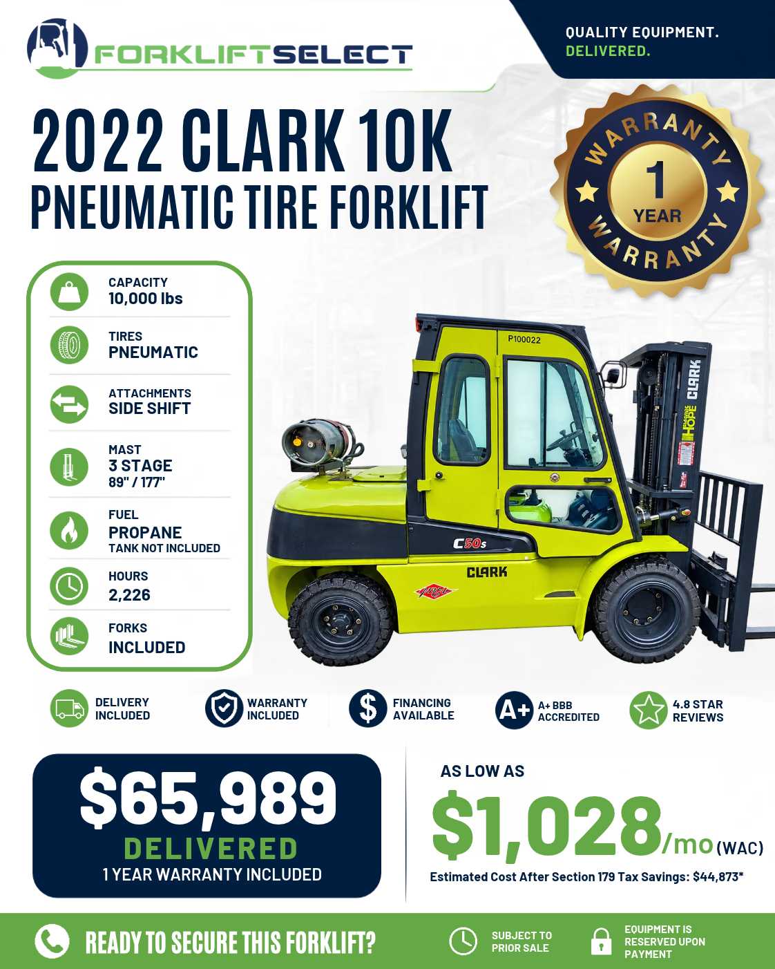 2022 Clark 10K Pneumatic Tire Forklift