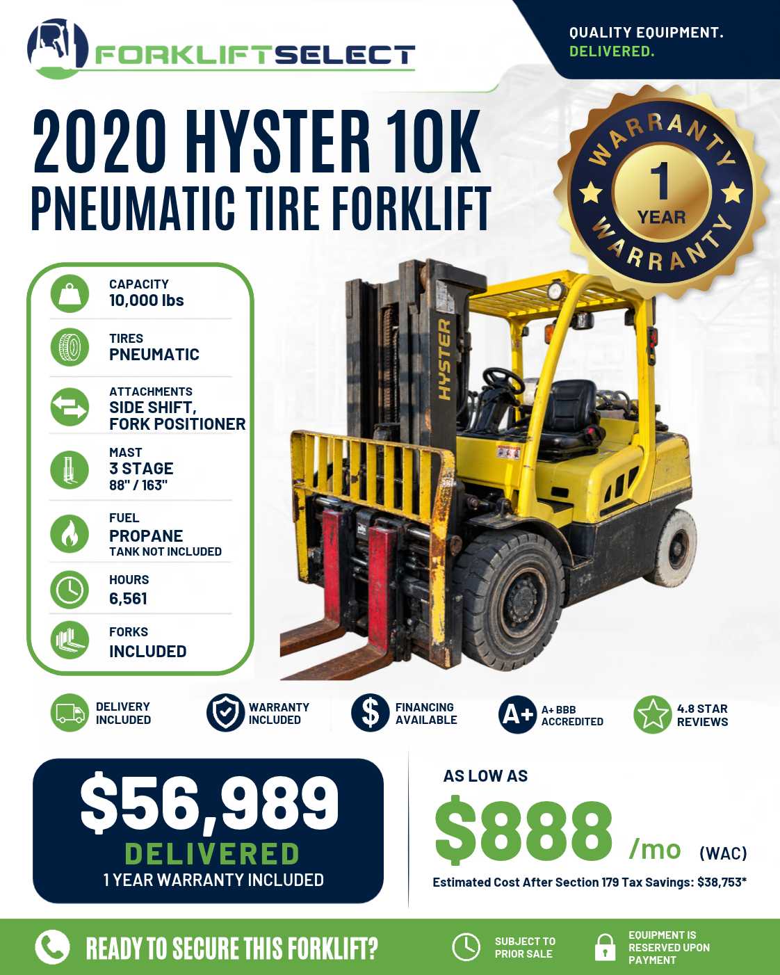2020 Hyster 10K Pneumatic Tire Forklift - 123Forklift