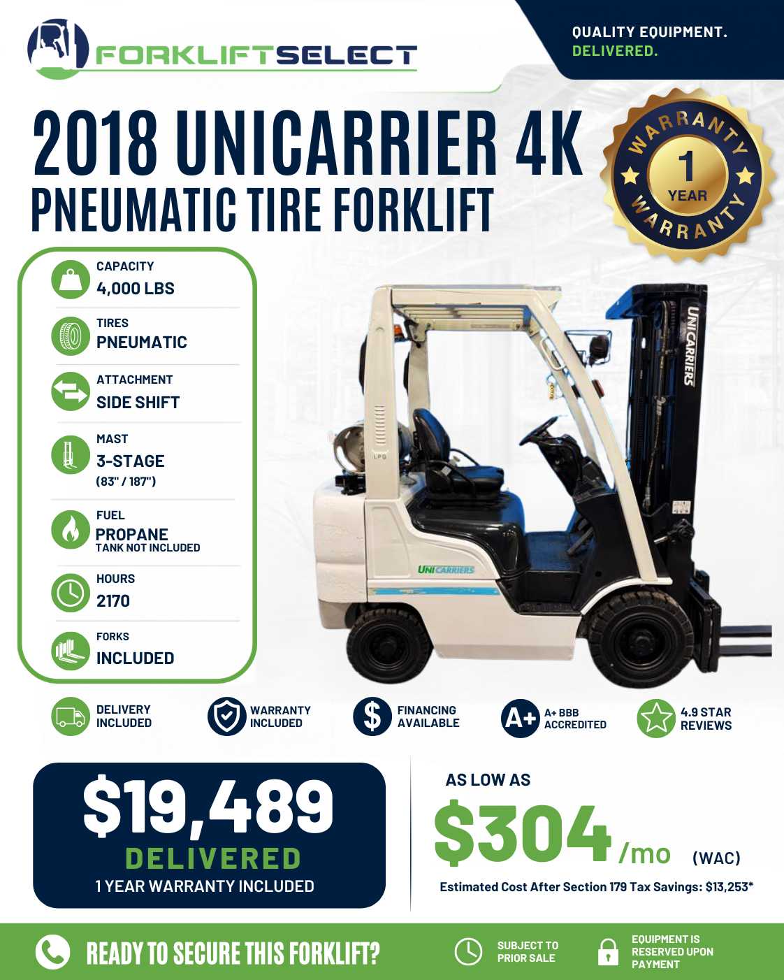 2018 UniCarrier 4K Pneumatic Tire F...