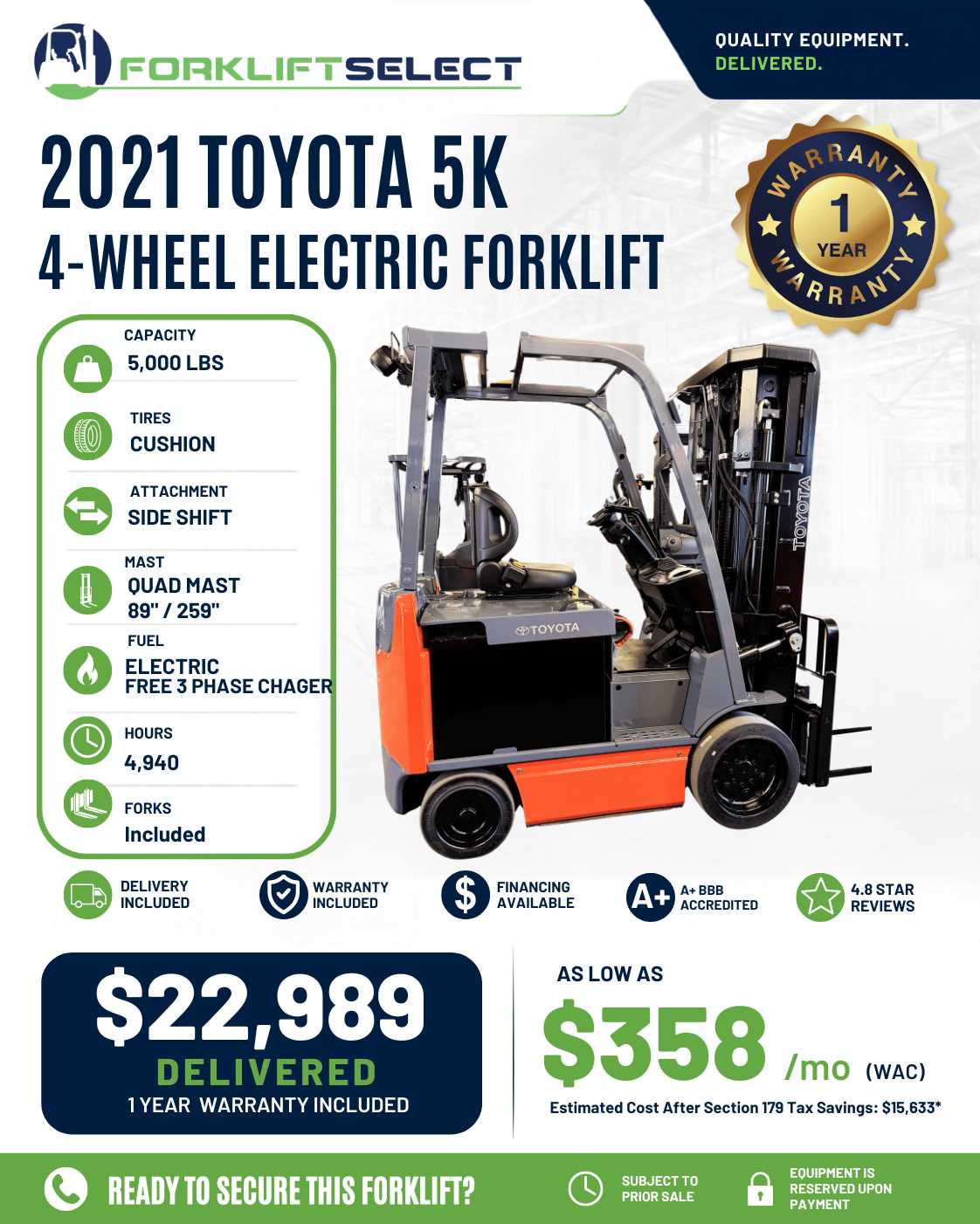 2021 Toyota 5K Cushion Tire Forklif...