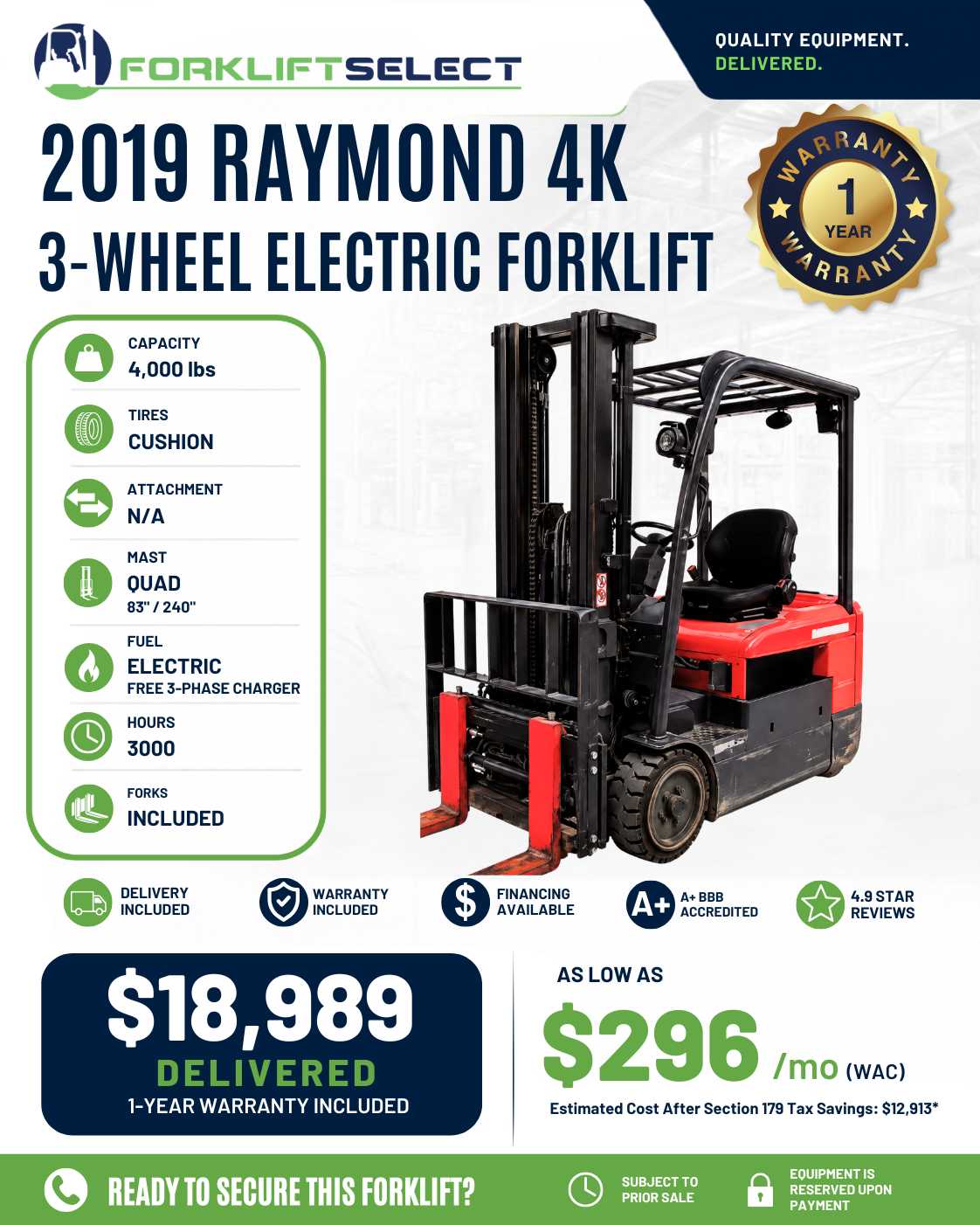 2019 Raymond 4K Cushion Tire Forkli...