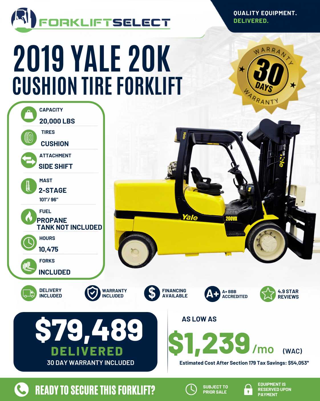 2019 Yale 20K Cushion Tire Forklift...