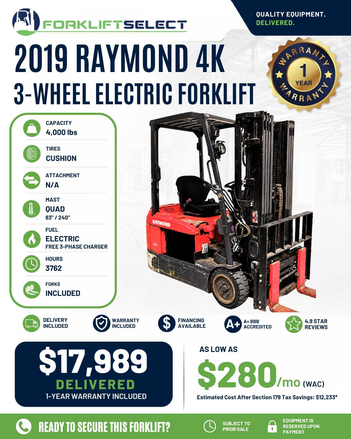 2019 Raymond 4K Cushion Tire Forkli...