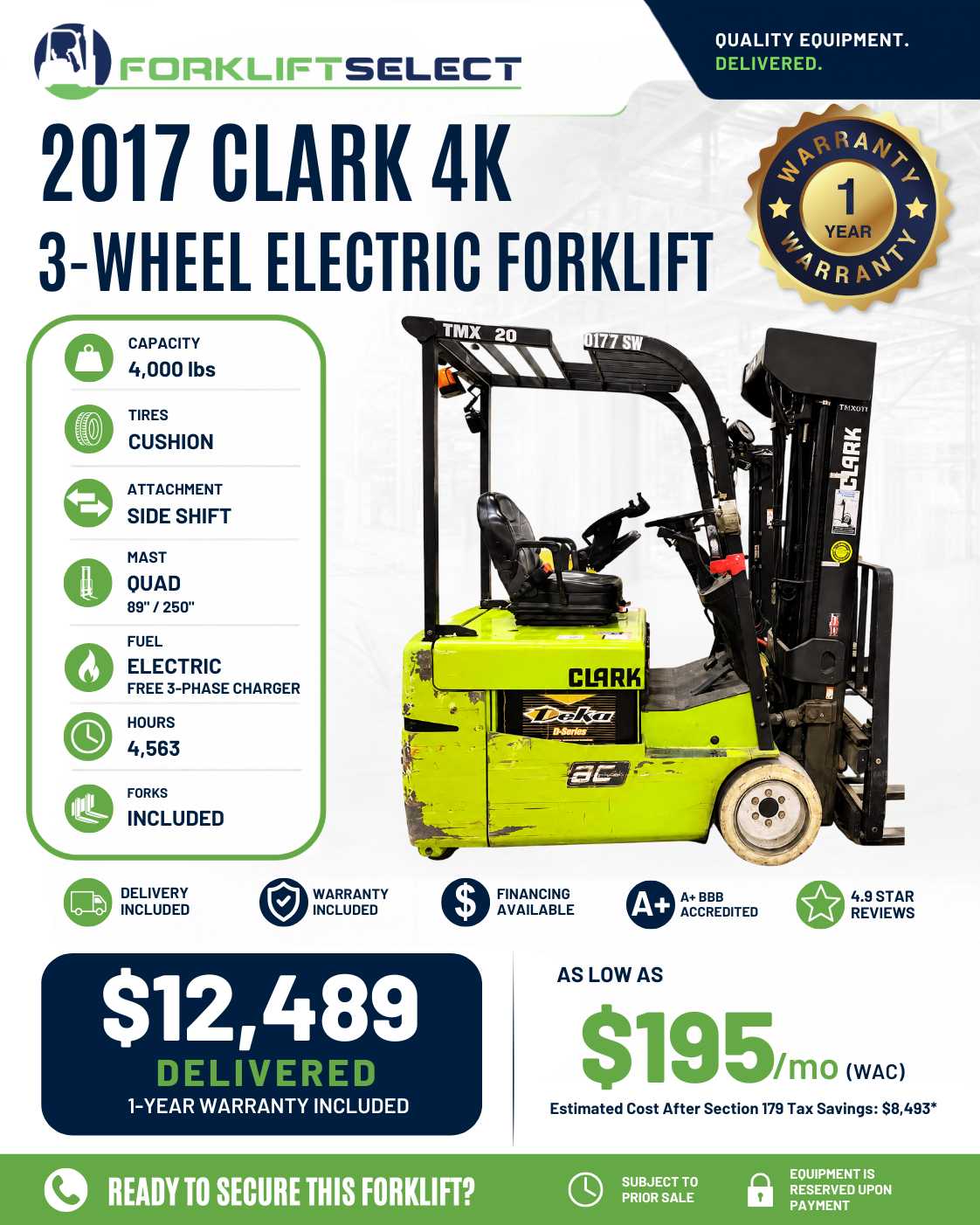 2017 Clark 4K Cushion Tire Forklift...