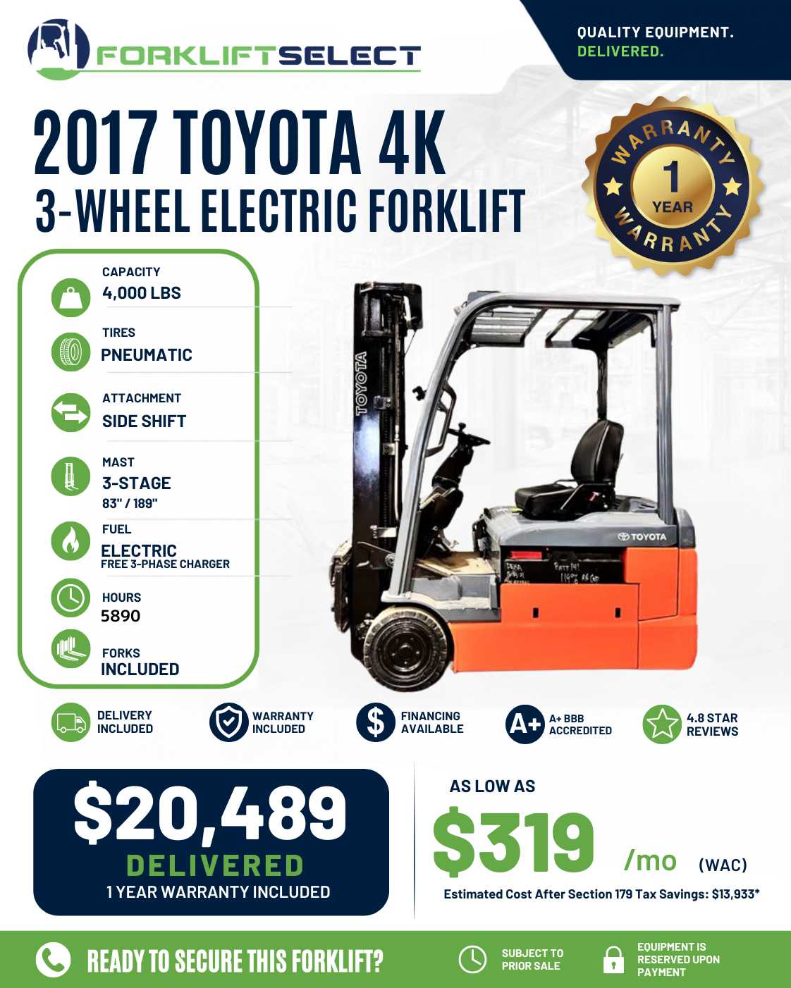 2017 Toyota 4K Pneumatic Tire Forkl...