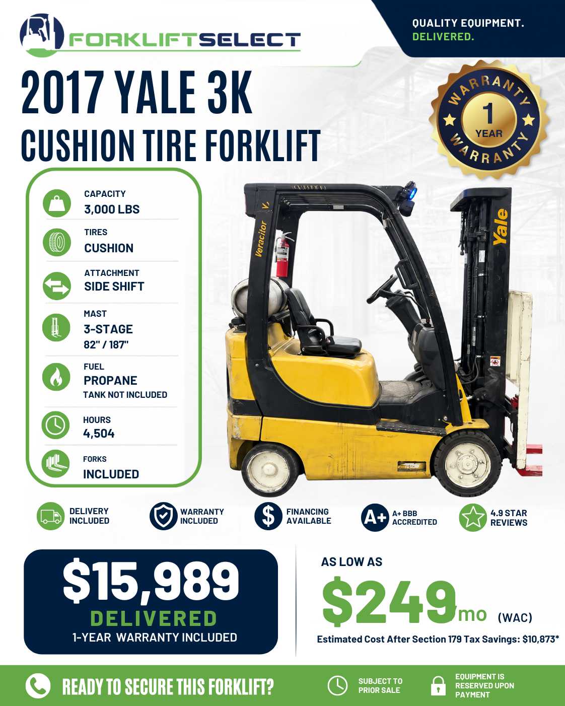 2017 Yale 3K Cushion Tire Forklift