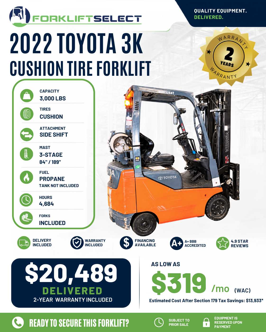 2022 Toyota 3K Cushion Tire Forklift