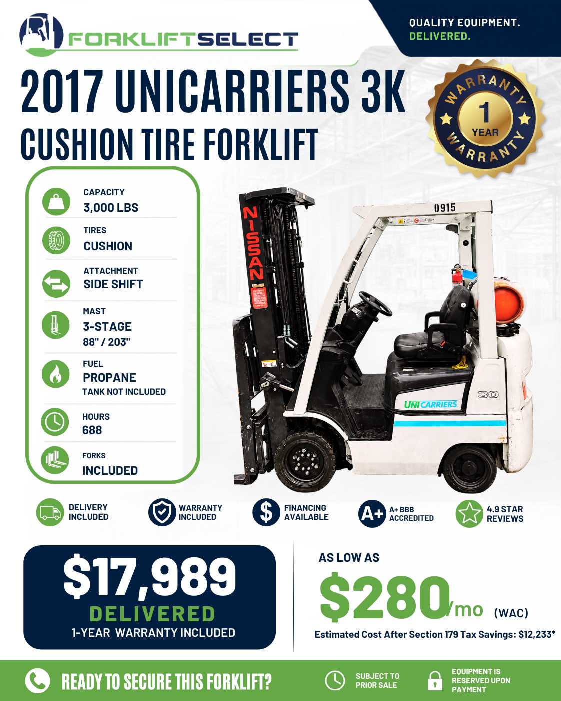 2017 UniCarriers 3K Cushion Tire Forklift - 123Forklift