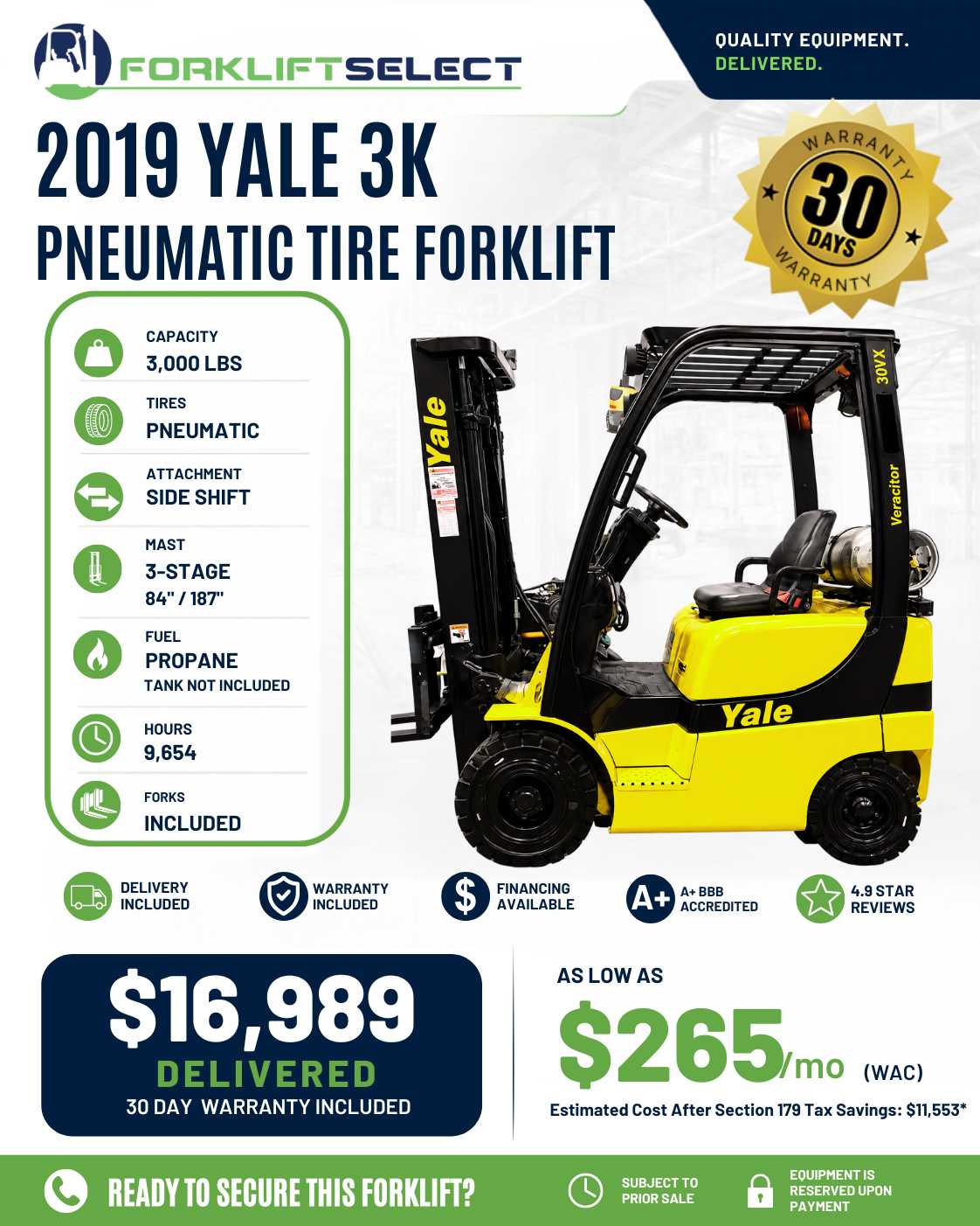 2019 Yale 3K Pneumatic Tire Forklift