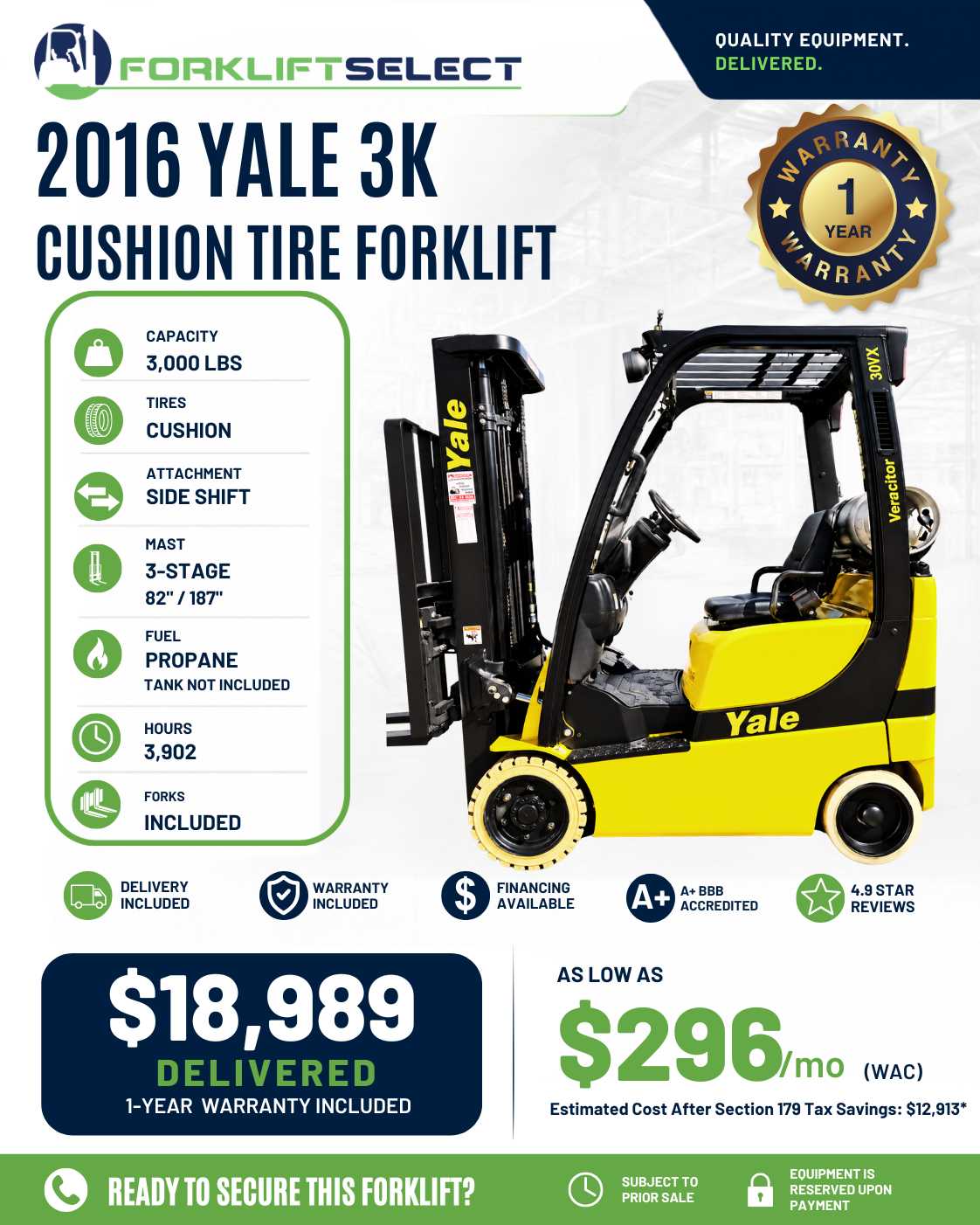 2016 Yale 3K Cushion Tire Forklift