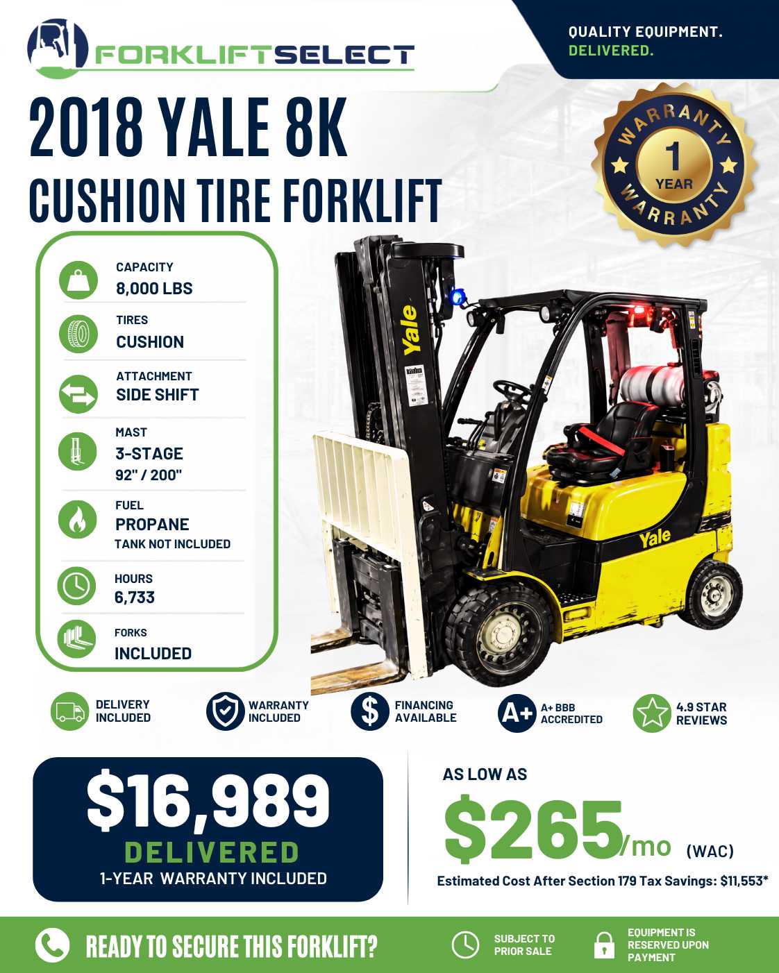 2018 Yale 8K Cushion Tire Forklift