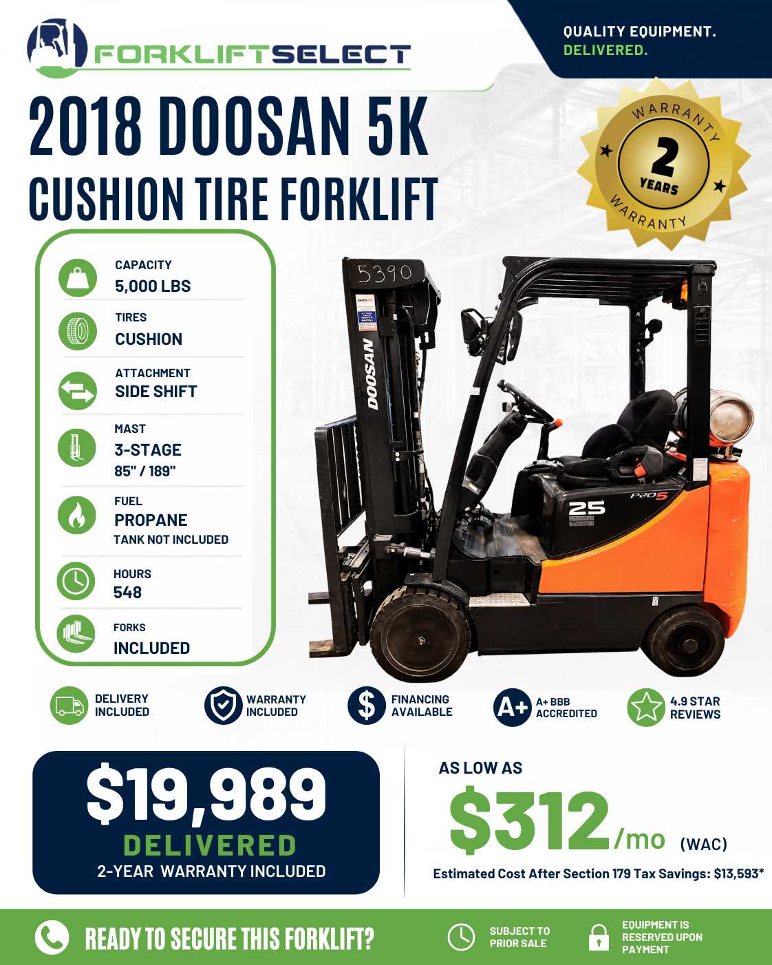 2018 Doosan 5K Cushion Tire Forklift - 123Forklift