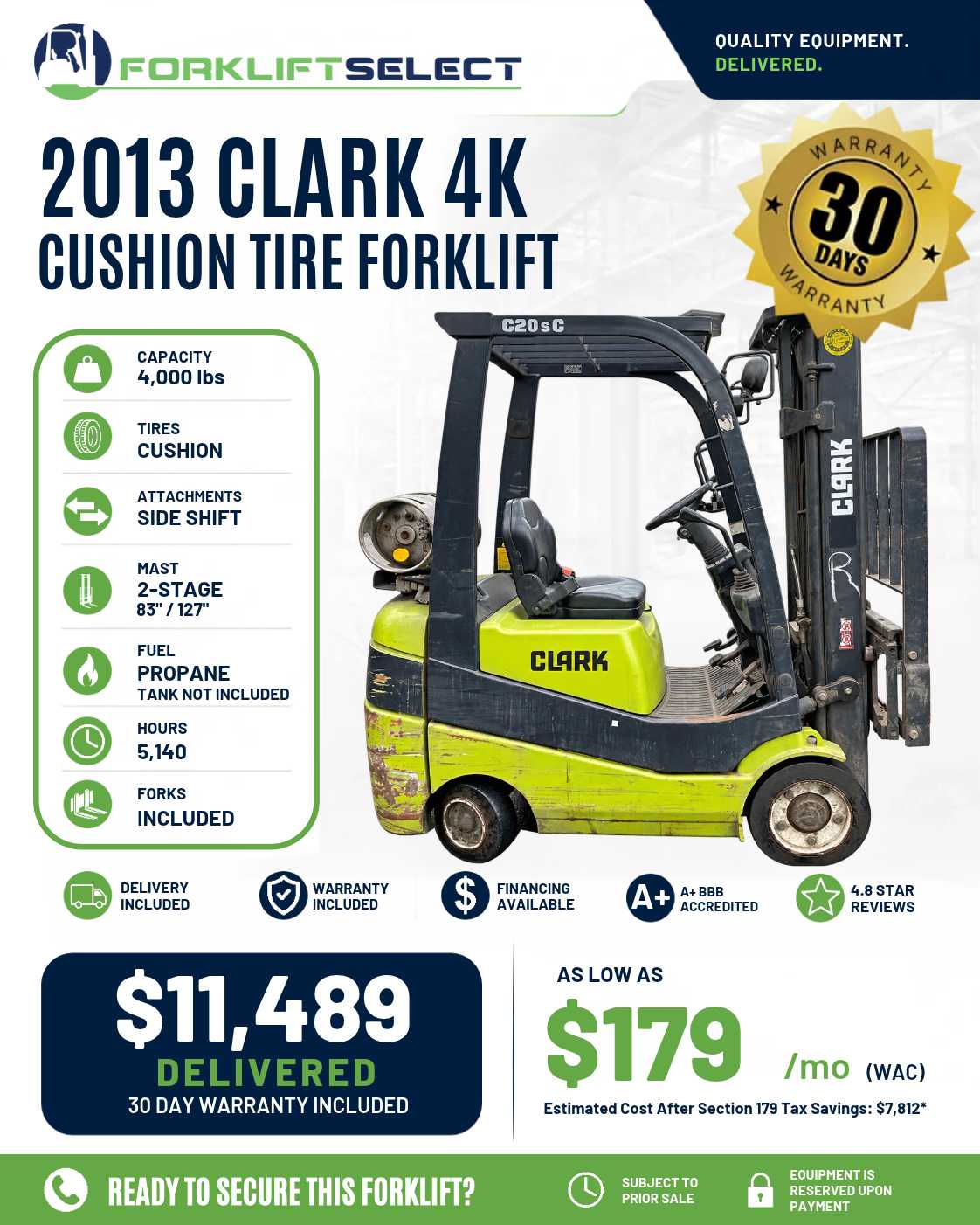 2013 Clark 4K Cushion Tire Forklift