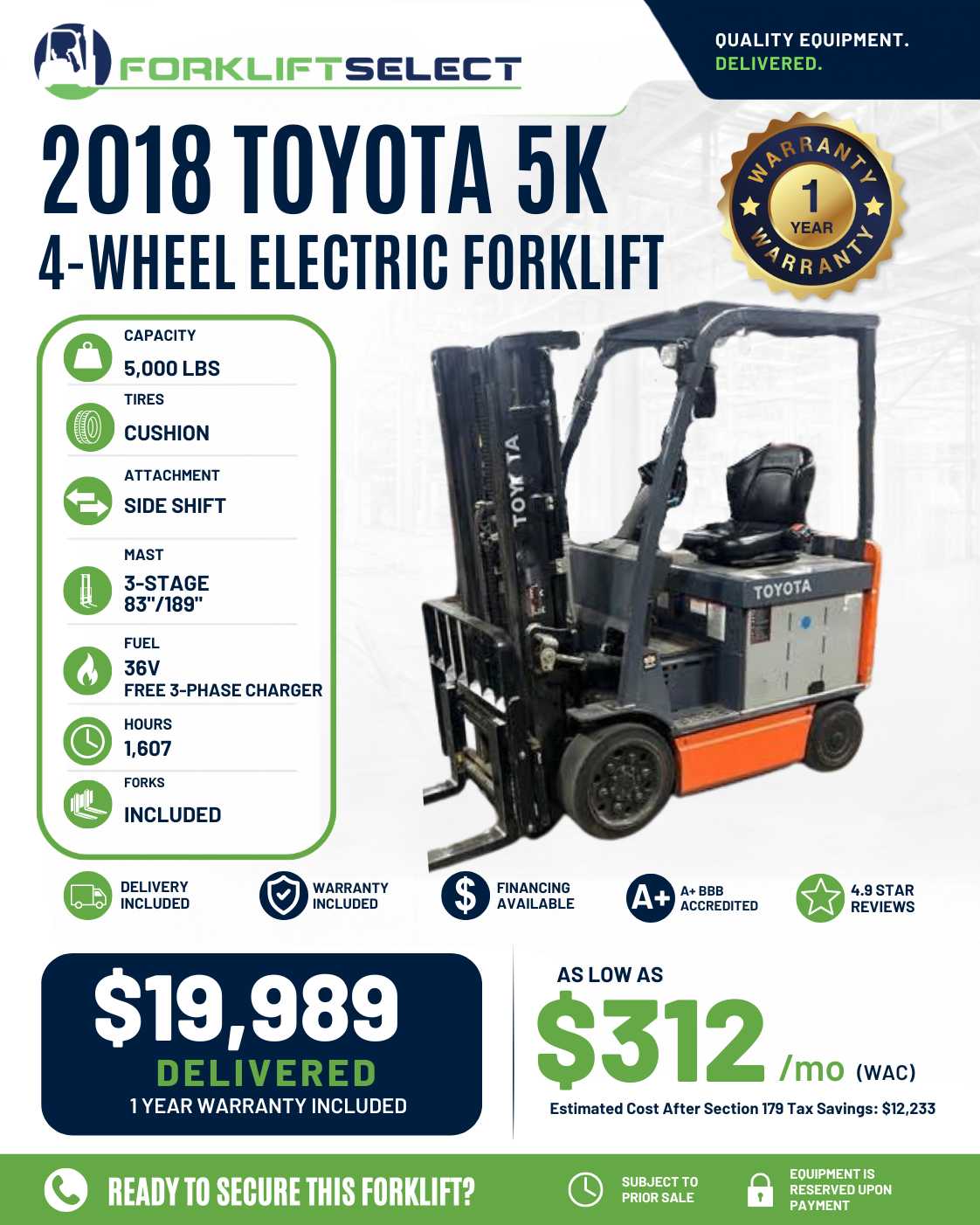 2018 Toyota 5K Cushion Tire Forklift - 123Forklift