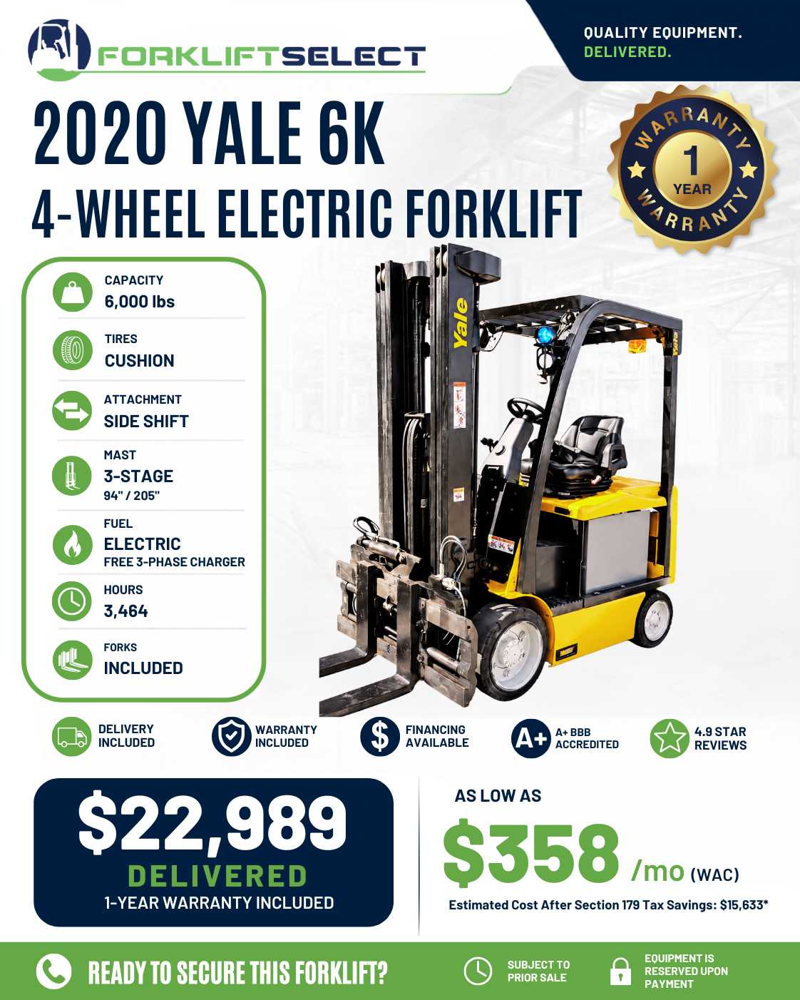 2020 Yale 6K Cushion Tire Forklift