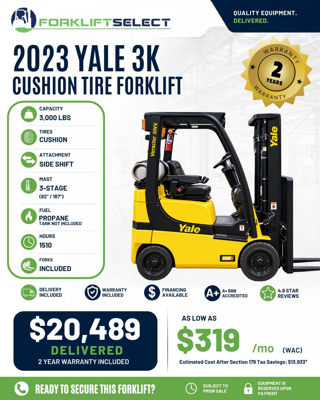 2023 Yale 3K Cushion Tire Forklift