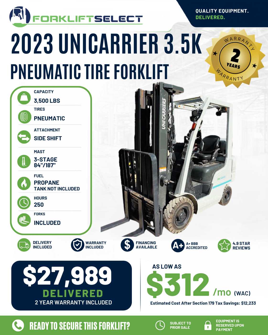 2023 UniCarrier 3.5K Pneumatic Tire Forklift
