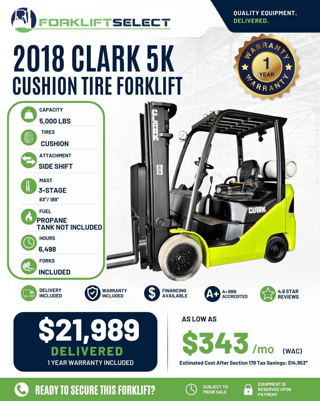 2018 Clark 5K Cushion Tire Forklift - 123Forklift