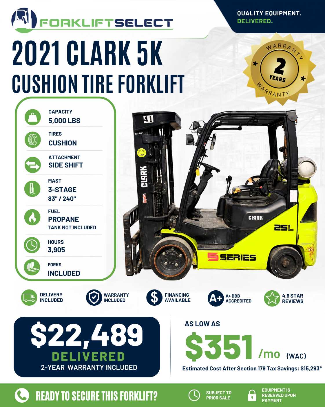 2021 Clark 5K Cushion Tire Forklift - 123Forklift