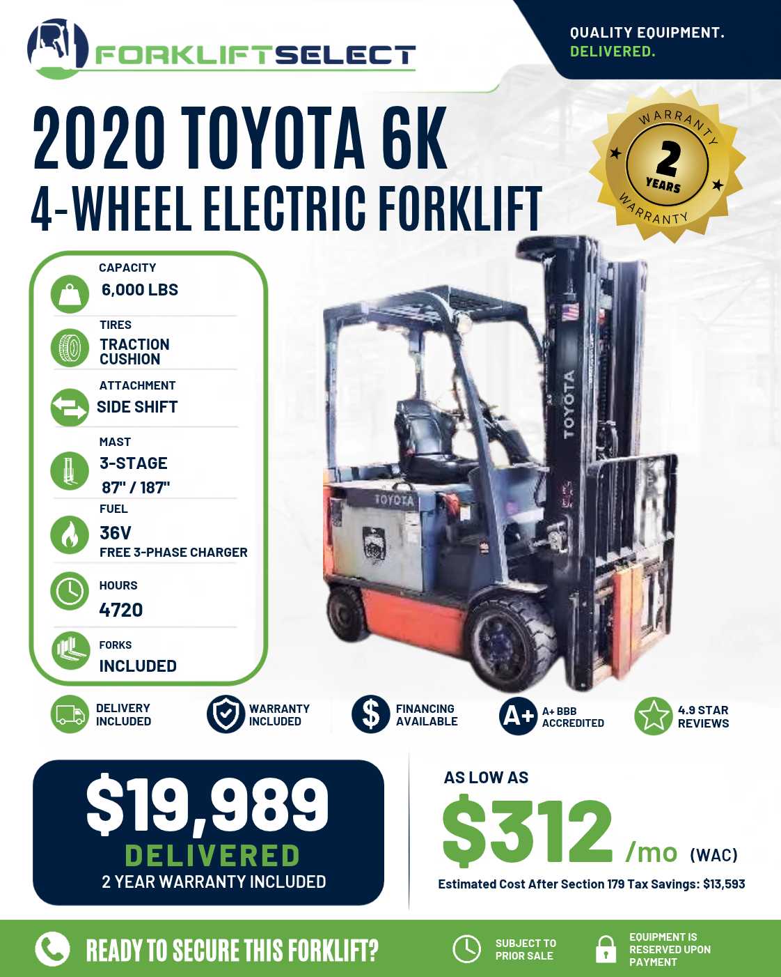 2020 Toyota 6K Cushion Tire Forklift