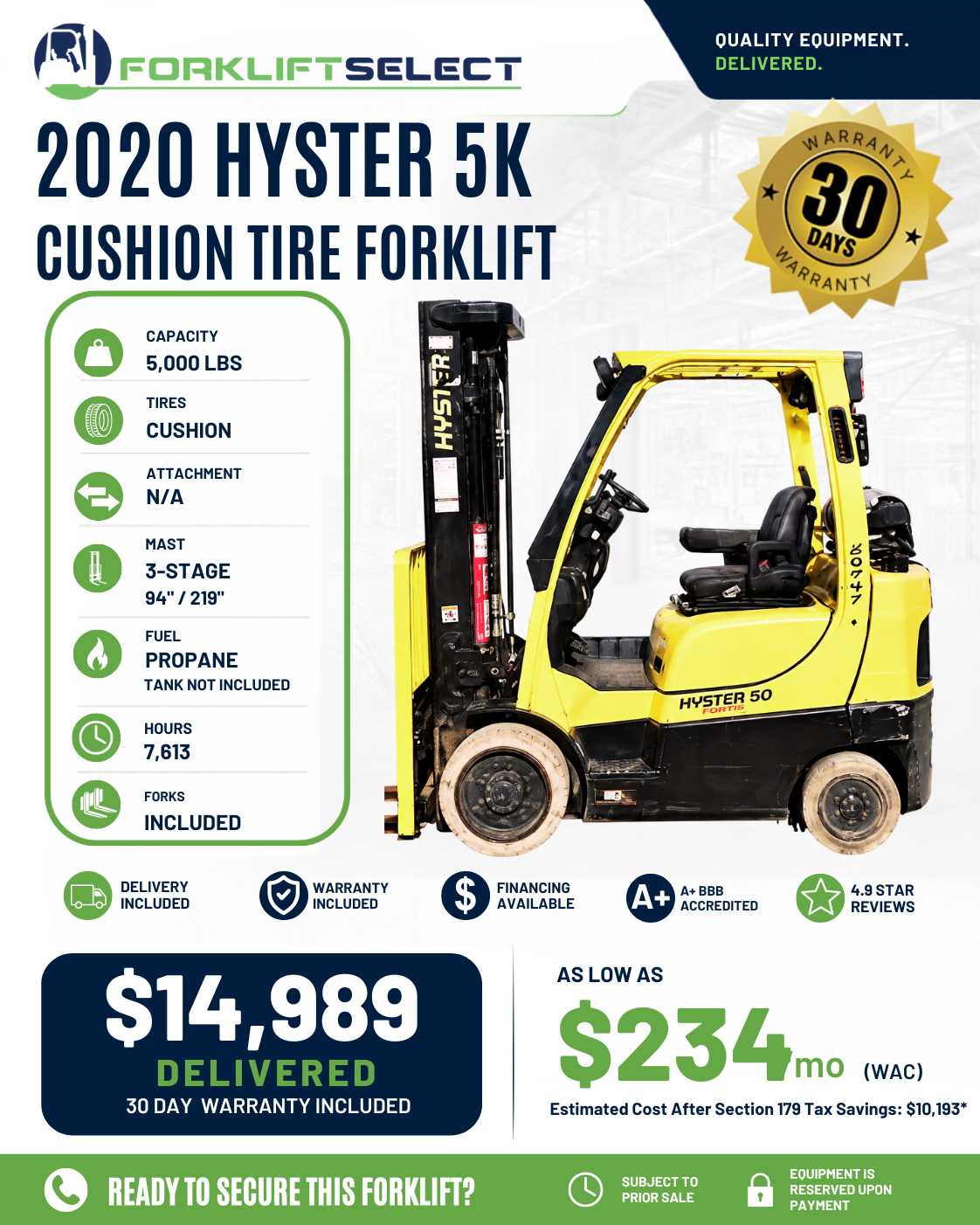 2020 Hyster 5K Cushion Tire Forklift