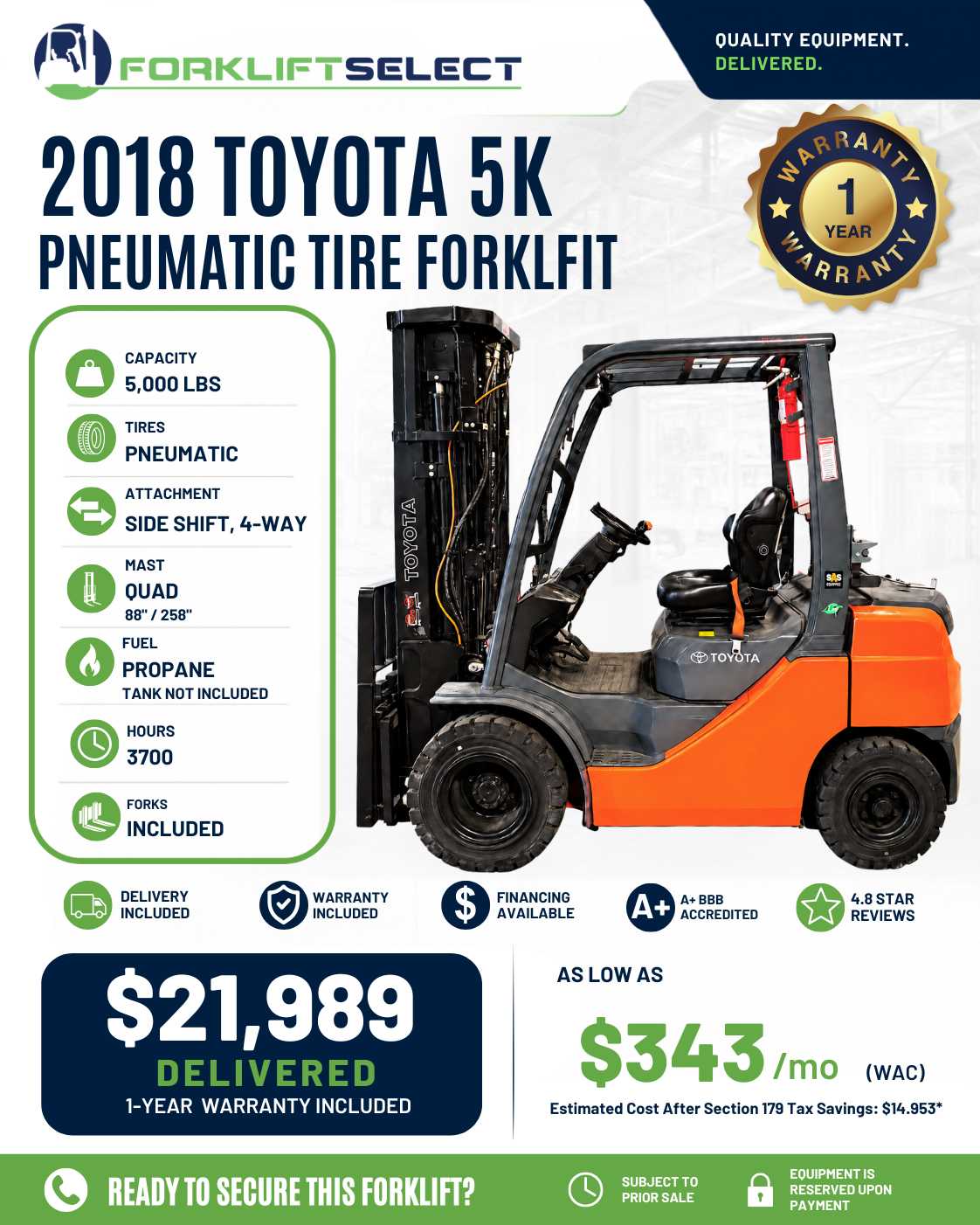 2018 Toyota 5K Pneumatic Tire Forklift