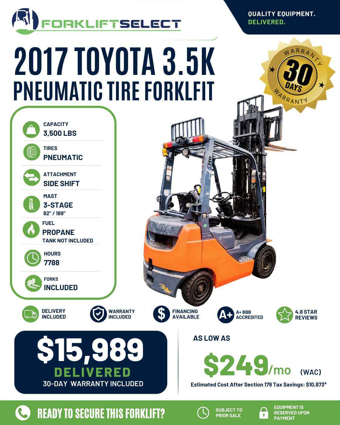 2017 Toyota 3.5K Pneumatic Tire Forklift