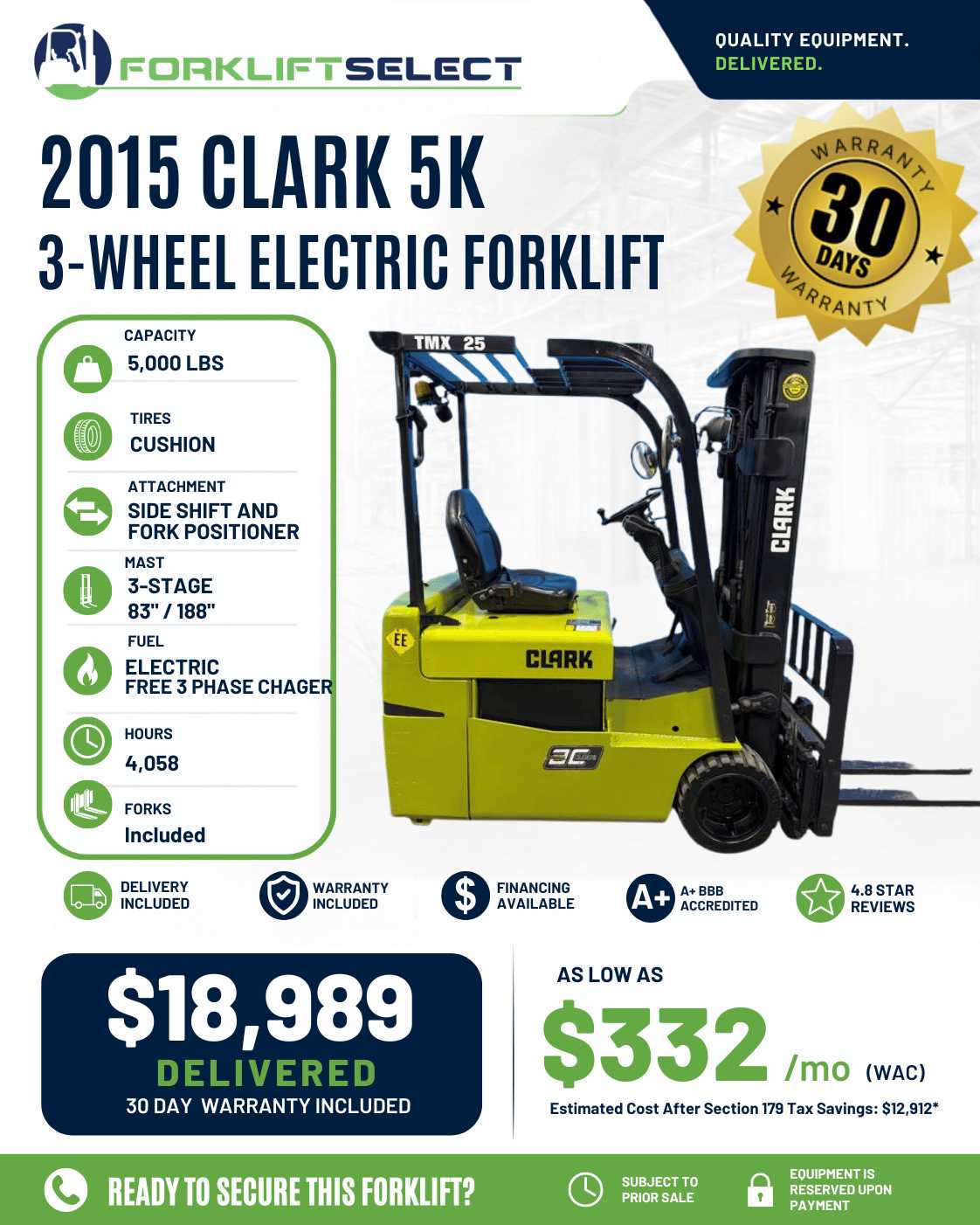 2015 Clark 5K Cushion Tire Forklift