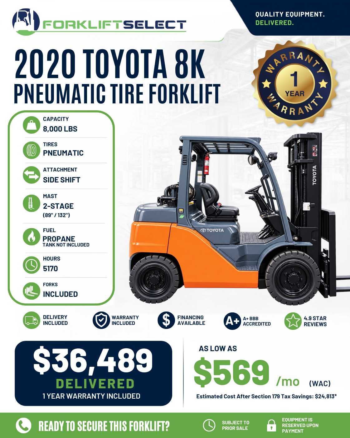 2020 Toyota 8K Pneumatic Tire Forklift - 123Forklift