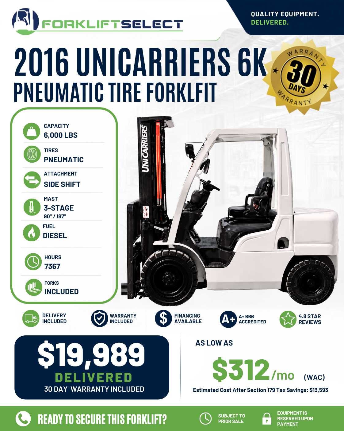 2016 UniCarriers 6K Pneumatic Tire Forklift - 123Forklift